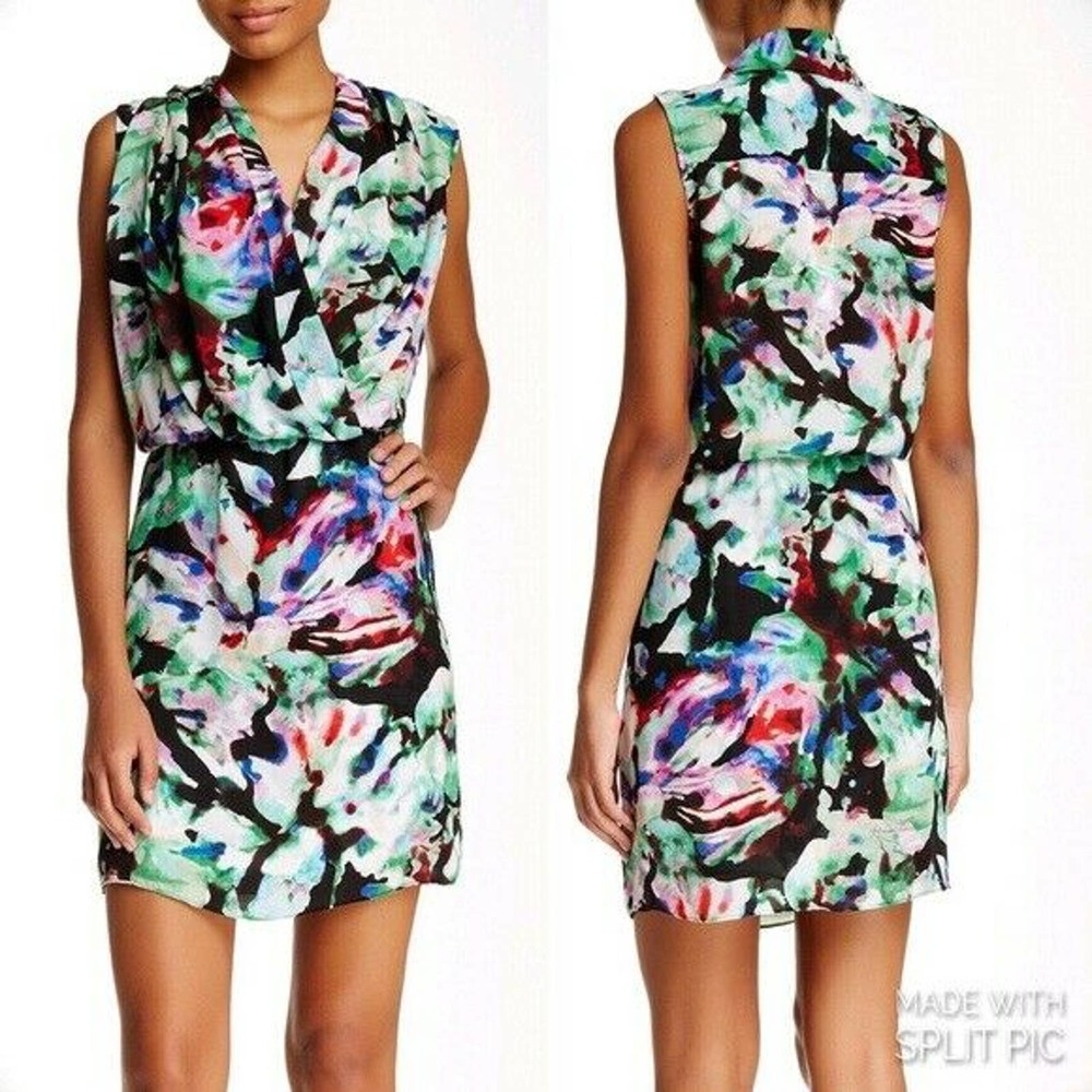 Parker Draped Surplice Neck Watercolor Mini Dress Sleeveless Multi color…